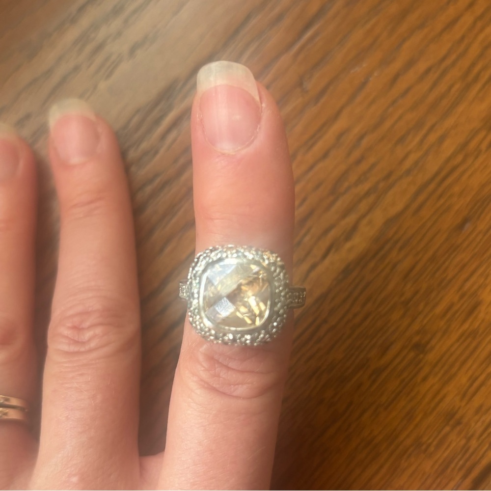 Vintage style large champagne, stone with rhinestone ring set in sterling silver